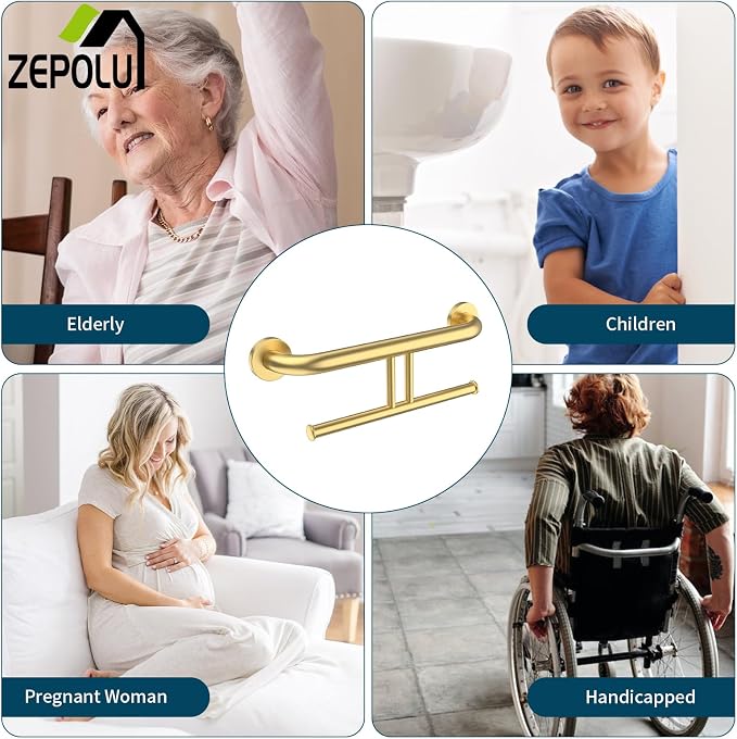 Brushed Gold Grab Bar for Bathroom 17 Inch, Zepolu Stainless Steel 2-in-1 Safety Handrail w/Double Toilet Paper Holder, Wall Mounted Balanced Support Bar Assist Handle for Senior Elderly Handicap