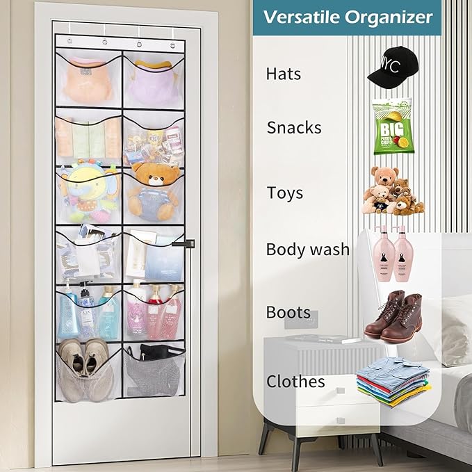 KIMBORA Over The Door Shoe Organizer 12 Large Mesh Pockets Boots Hanging Storage Shoe Rack for Closet White