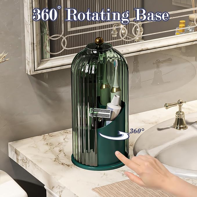 Toothbrush and Toothpaste Holders with Cover, All Green | Waterproof and Dustproof, 360° Rotating Base, Smooth Sliding Door, 3 Slots, for Bathroom Countertop