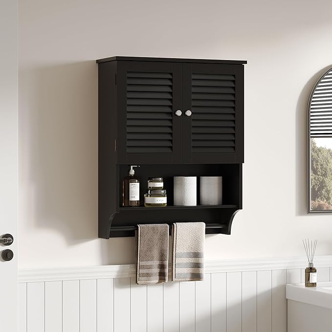 ChooChoo Bathroom Wall Cabinet with Towels Bar, 23.6" L x 8.8" W x 29.5" H MDF Material Medicine Cabinet, 2 Doors Over The Toilet Space Saver Storage Cabinet with Large Space, Black