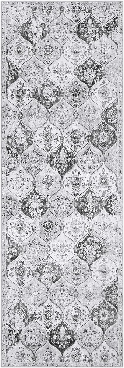 Lahome Moroccan Trellis Washable Runner Rug, 2x6 Kitchen Runners for Hallways 6 Feet Non Slip, Vintage Laundry Room Rug Ultra-Thin Carpet for Bathroom Bedroom Entryway Elise, Silver/Grey