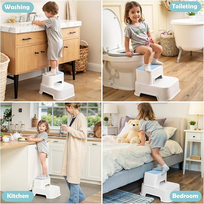 2 Step Toddler Step Stool, Non-Slip Multifunctional Kids Step Stool for Bathroom Sink & Toilet Potty Training,Supports Up to 220 lbs (2 Packs, Blue)