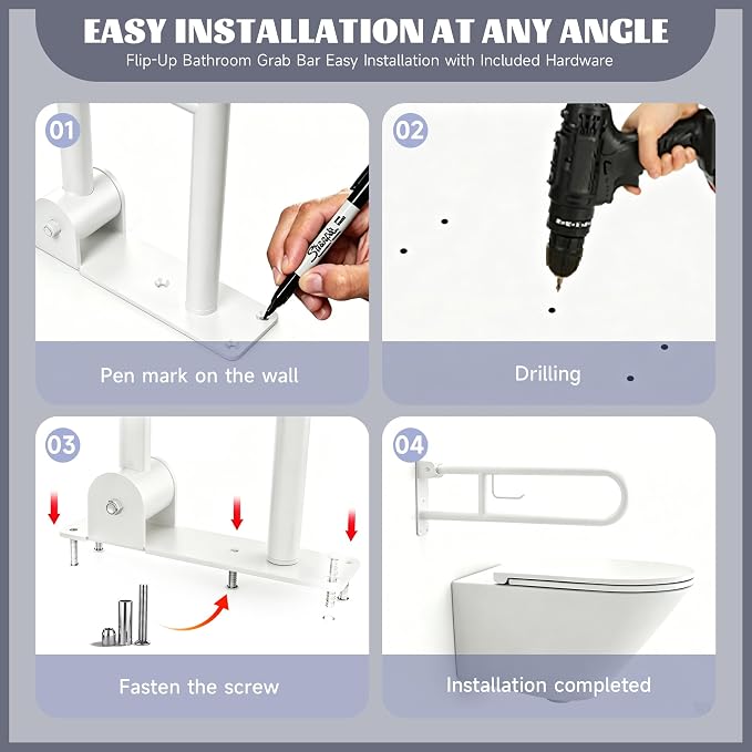 30.3 Inch Toilet Grab Bar, HUAS White Anti Slip Bathroom Toilet Safety Rails, U Shaped Flip-Up Handicap Grab Bars w/Paper Holder, Stainless Steel Support Handrail for Elderly Disabled Senior