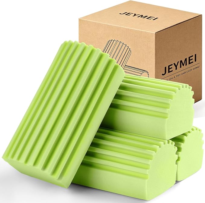 Jeymei 4-Pack Damp Clean Duster Sponge, Sponge Cleaning Brush, Duster for Cleaning Blinds, Glass, Baseboards, Vents, Railings, Mirrors, Window Track Grooves and Faucets Green Non-Scratch Sponges