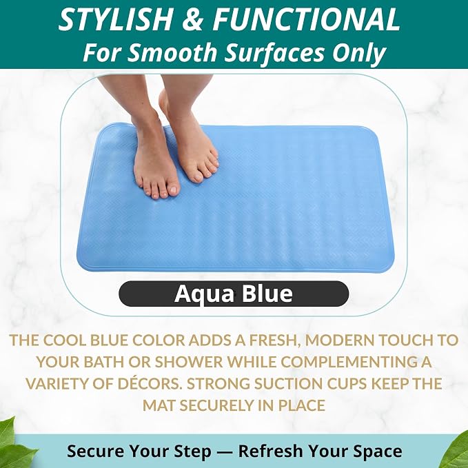 ENKOSI Non Slip Shower Mat – Bath Mat for Tub and Shower Floors – Anti Slip Bathtub Mat with Strong Suction Cup Grip – Soft, Blue Bathroom Mat for Inside Bath and Shower Floors (28x16 Aqua Blue)