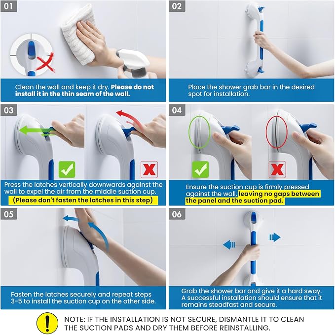 LEVERLOC Grab Bars for Bathtubs and Showers 2 Pack Suction Grab Bar, Heavy Duty 17 Inch Shower Handle Removable Bath Handrails for Seniors and Elderly, Bathroom Safety Grip No Drilling Waterproof Blue
