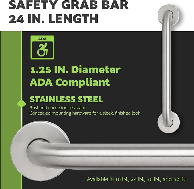 Homewerks 068 HW11424SS 24 inch Bathroom Grab Bar with 1-1/4 Inch Diameter and Concealed Screws ADA Compliant, Stainless Steel