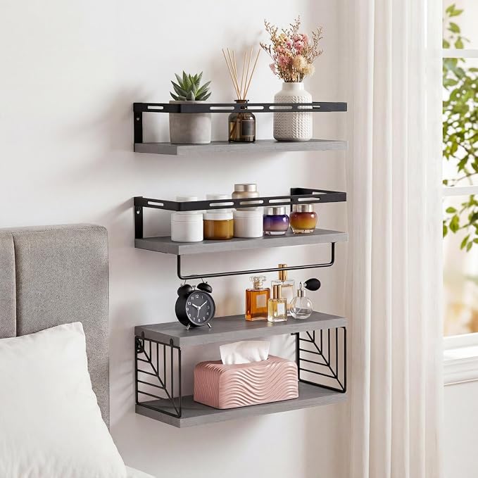Fixwal Wall Mounted Bathroom Shelves Over Toilet, Rustic Wood Floating Shelves with Metal Frame and Towel Bar for Bathroom, Kitchen, Bedroom, Living Room (3 Plus 1 Gray)