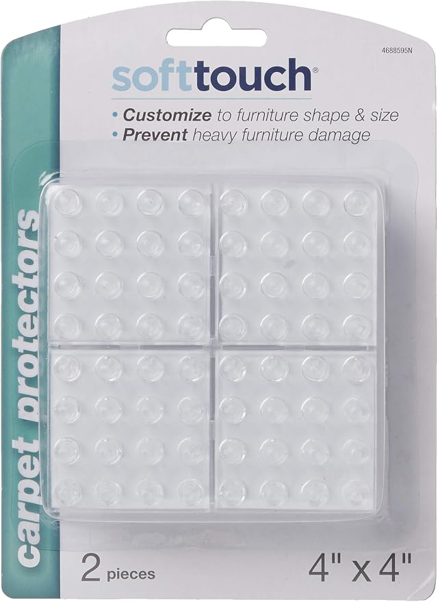 SoftTouch 4" Square Adhesive Anti-Dent Carpet Protectors with 5/8" Spiked Bottom, Self-Stick Spiked Furniture Pads for Tables, Beds, Sofas, Chairs, Set of 2, Clear