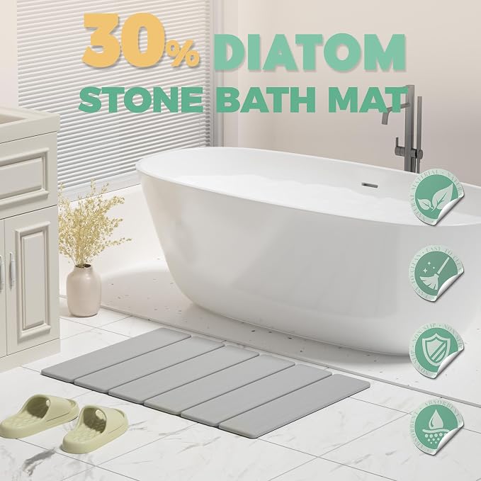 SYIPO Stone Bath Mat - Non-Slip Foldable Diatomite Bath Mat 23.6 x 15.3”, Super Absorbent & Quick Drying Bathroom Mat | Easy to Clean Shower Floor Mat, Light Gray