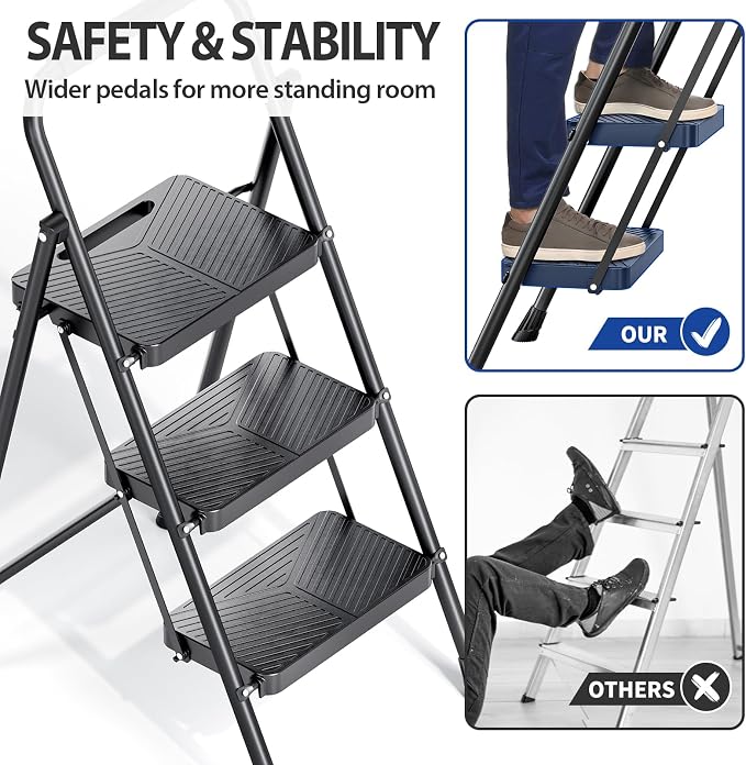 KINGRACK Folding 3 Step Ladder, Portable Ladder for Multi-Purpose, Home, Kitchen, Heavy Sturdy Steel Step Stool with Anti-Slip Wide Pedals, Handrail, Safe-Lock Design, Pass 500lbs Load Testing, Black