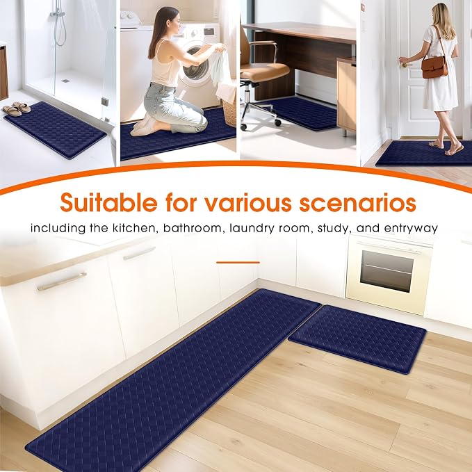 TranquilRelax 2-Piece Anti-Fatigue Kitchen Mats, Cushioned Non-Slip Waterproof Sink & Stove Floor Mats, Comfortable Standing Rug Set for Kitchen, Laundry & Entryway, Blue
