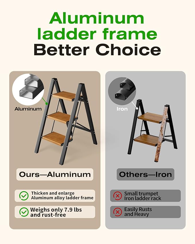 Taranta 3 Step Ladder,Aluminum Lightweight Folding 3 Step Stool with Anti-Slip Wide Pedal, 330lbs Capacity Step Ladder for Household,Kitchen,Office - BlackWoodgrain