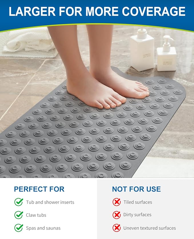 Bathtub Mat Non-Slip Without Suction Cups, 39x16inch Extra Long Bath Mats for Shower Bathroom, Machine Washable Natural Rubber Shower Tub Mat (39x16inch, Deep Grey)