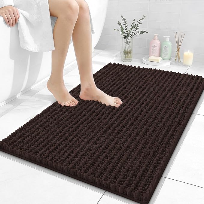 OLANLY Bathroom Rug Mat 36x24, Thick Soft and Absorbent Chenille Bath Mat, Non-Slip Rubber Backing, Machine Washable Quick Dry Bath Rugs for Tub Shower Floor, Home Decor Accessories, Brown