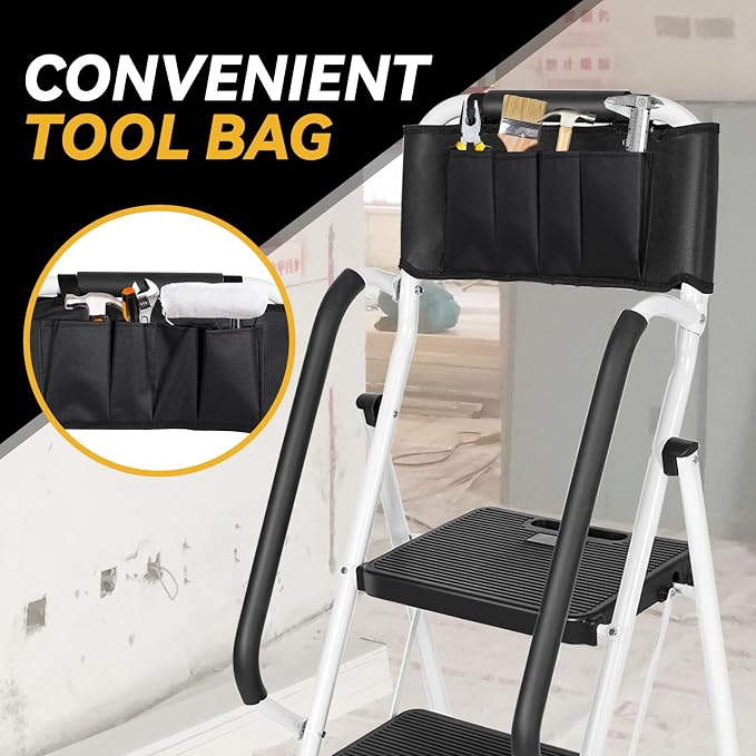 3 Step Ladder with Handrails & Attachable Tool Bag, 500 lbs Folding Step Stool Ladder, Wide Non-Slip Pedal for Kitchen Pantry Home Office, White