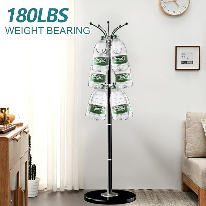 OIRUMIE Coat Rack with Natural Marble Base, Metal Freestanding Coat Racks with 14 Hooks, 360°Rotary Coat Rack Stand for Hanging Scarf, Bag, Jacket, Black Coat Tree Hanger Holder Stand