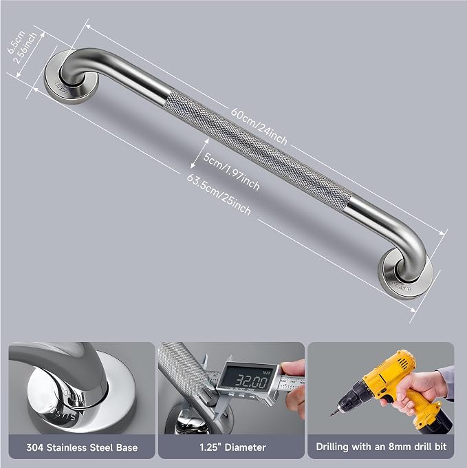 24 Inch Shower Grab Bar 1.25" Dia, 2 Pack Nickel Anti Slip Bathroom Grab Bar, 304 Stainless Steel Knurled Handicap Grab Bars, Safety Support Handrail,Bath Shower Handle for Elderly Injury Senior