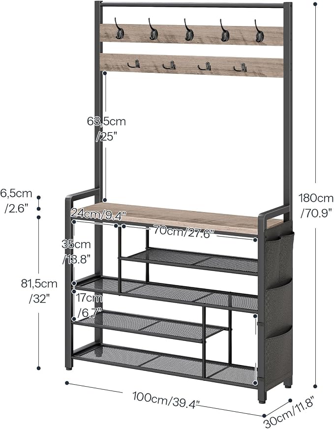 HOOBRO Hall Tree with Bench, Shoe Rack with Coat Rack, 39.4" Coat Rack with Shoe Storage, 5 Tier Shoe Storage Organizer, Oxford Fabric Side Pockets, Coat and Shoe Rack Entryway, Greige BG46MT01