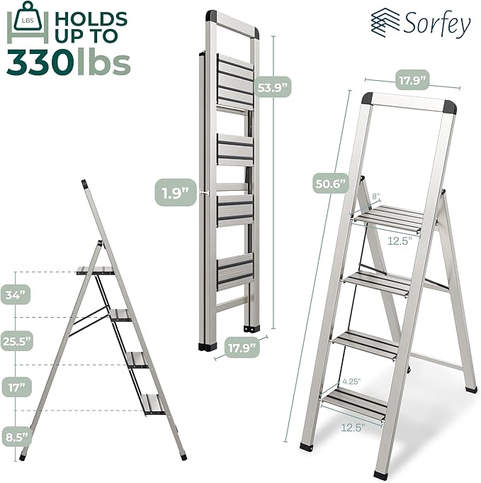 Step Ladder 4 Step Folding, Decorative - Modern Beautiful Silver Aluminum,Lock Mechanism, Ultra Slim Profile, Anti Slip Steps, Sturdy-Portable for Home, Office, Kitchen, Photography Use,by SORFEY