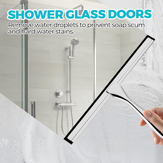 ALFLOD 2PACK All-Purpose Shower Squeegee for Shower Doors, Tile Shower Walls, Bathroom, Window, Glass and Car Windshield, Mirrors and Kitchen-Stainless Steel, 9.9-Inch, Silver