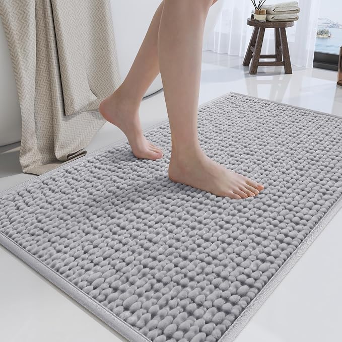 20x32 Extra Soft Chenille Bathroom Rugs - Non Slip Quick Dry Absorbent & Washable Bath Mat, Thin Low Profile Fit Under Door, Shower Mat for Outside Shower - Grey