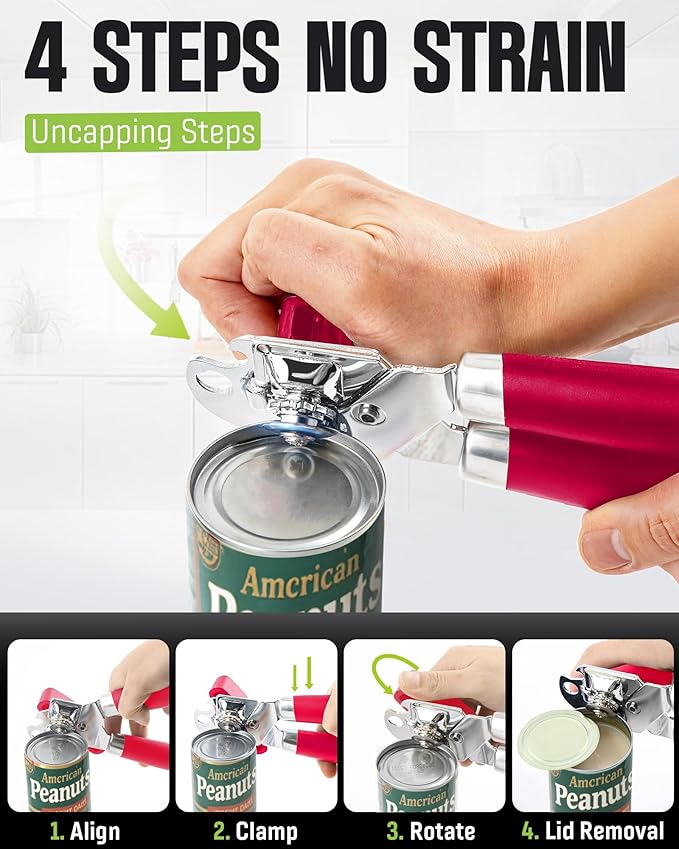 Multifunctional Can Opener Manual, Durable Heavy Duty Handheld Strong Can Opener with Smooth Cutting Edge, Friendly Kitchen Essentials Tool for Seniors, Camping and Bottle Opening-Red