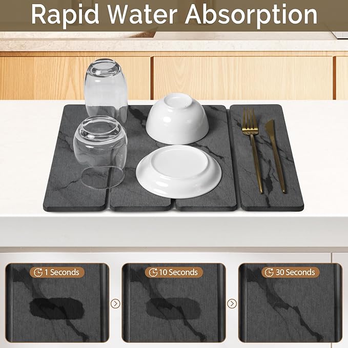Small Stone Dish Drying Mat for Kitchen Counter, 2 PCS 16"×12" & 8"x4" Quick Dry Stone Mats, Foldable Water Absorbing Diatomite Drying Dish Pad for Countertop Bottles Utensils Cups(Dark Gray Ink)