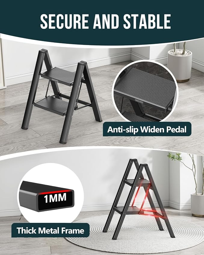 WOA WOA Step Ladder, Folding Step Stool with Widening Pedals, Portable Lightweight Home Ladder, Kitchen Stepladder, Easy to Store, Space Save 300 lbs Capacity (2 Step, Black)