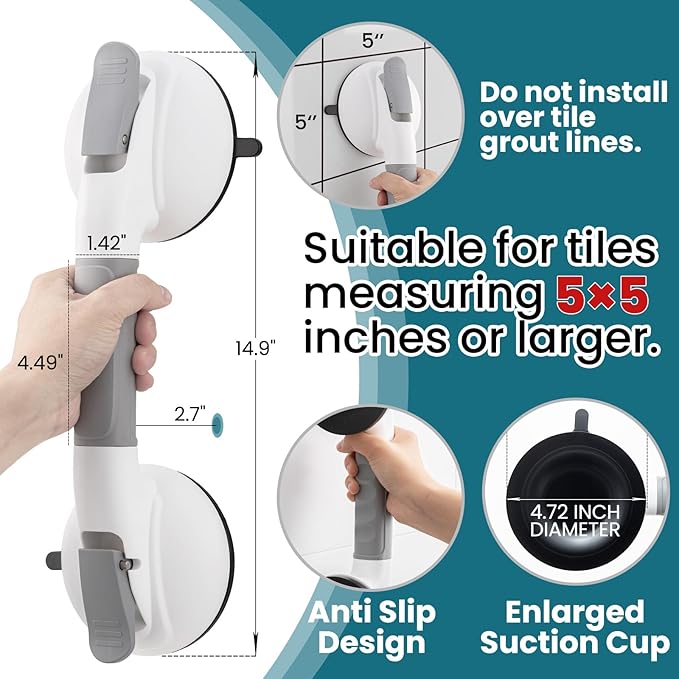 TAILI Grab Bars for Bathtubs and Showers, Shower Handles for Elderly Suction,Maximum 330lbs,Shower Grab Bar with Upgraded Rubber Suction Cups,Safety Grip for Senior, No Drilling Removable,Grey