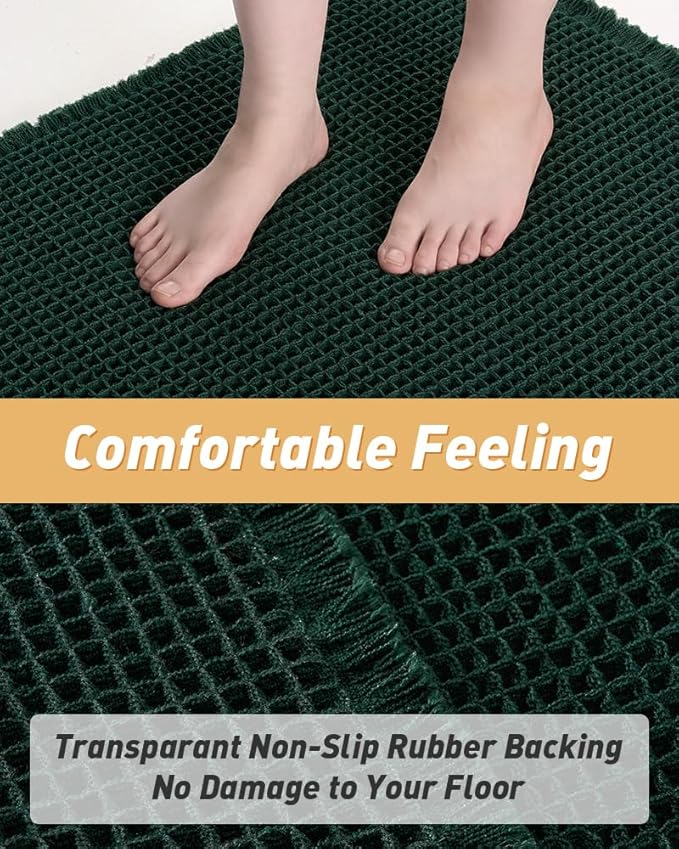 AMOAMI Upgraded Waffle Bath Mat, Super Absorbent Non Slip Bath Mats for Bathroom Floor, Machine Washable Bathroom Rugs with Tassels, Rubber Backed Bathroom Mats, Ultra Soft, 20" x 32", Dark Green