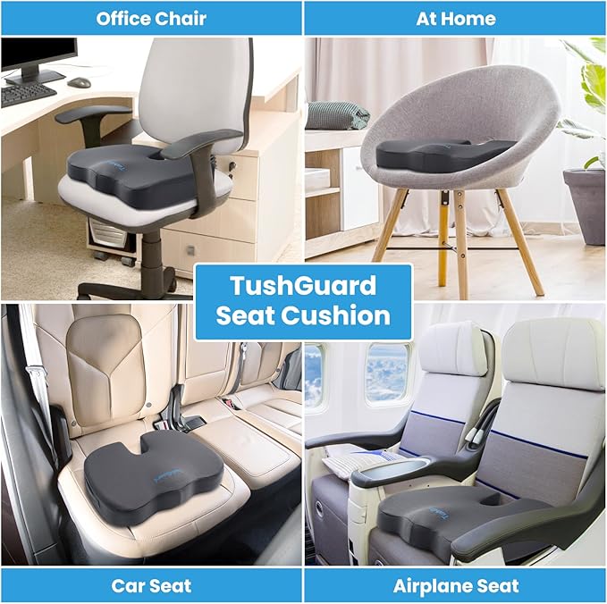 TushGuard Seat Cushion, Office Chair Cushions, Car Seat Cushion, Non-Slip Relief Chair Pad, Memory Foam Butt Pillow for Computer Desk, Office Chair, Grey