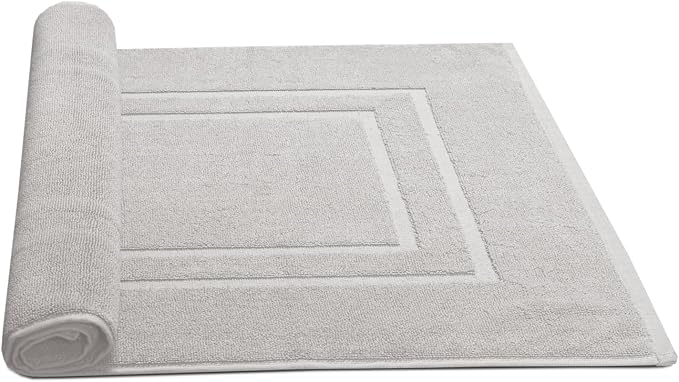 Feather & Stitch 2 Piece Towel Like Bath Mats (30x21 Inch) 100% Cotton Terry Bath Mats, Bathroom Shower Floor Mats [NOT A Bathroom Rug], Soft Absorbent Washable Mats - Sliver