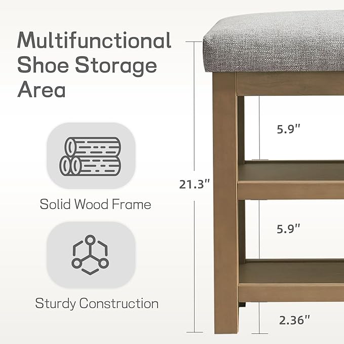 Zihanhome 2 Tier Shoe Rack Bench with Cushion, Solid Wood Shoe Benches, Mid-Century Modern Shoe Storage Bench for Entryway, Hallway, Living Room, Closet, Front Door Entrance, (Grey, 39.4")