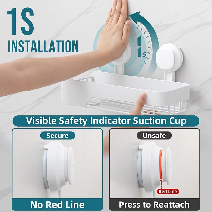 TAILI Shower Caddy Suction Cup 2 Pack With Visible Safety Indicator, Stainless Steel Rustproof Shower Shelves, No Drilling Wall Mounted Basket, Upgraded Removable Suction Cup Bathroom Organizers,White