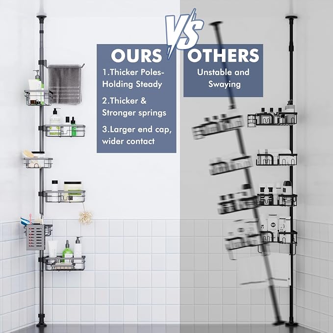Vatex Corner Shower Caddy Tension Pole,30-120 Inch Adjustable Shower Organizer, 6-Tier Shower Shelves with Towel Rack/Toothbrush Holder/Soap Dish, Bathroom Corner Storage Rust-Resistant