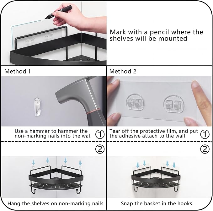Corner Shower Shelves, 2-Tier Black Shower Candy with 4 Hooks, Stainless Steel Bathroom Shower Organizers, Wall Mounted Caddy Shelves No Drilling with Adhesive, Triangle Storage Shelf for Toilet