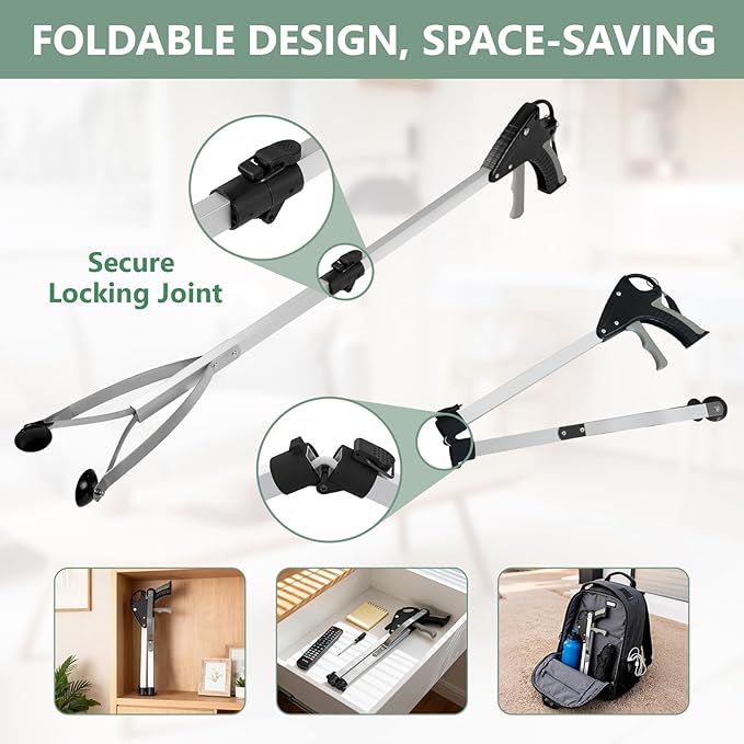 32" Suction Cup Grabber Tool (2 Pack), Foldable Grabber Reacher Tool for Seniors/Smooth Surfaces Items, Heavy Duty Trash Picker Upper with Ergonomic Quick Trigger Handle for Indoor & Outdoor Use