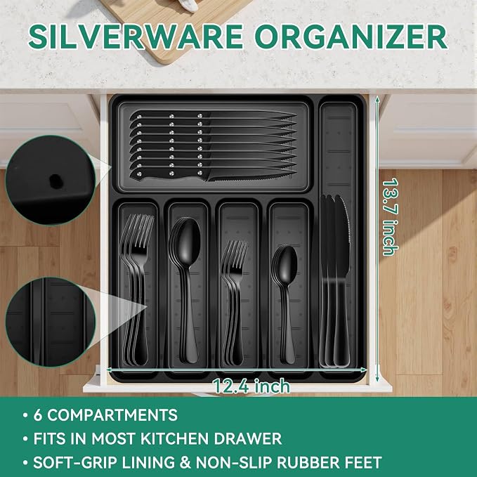 JUNLIN 49 Pieces Black Silverware Set with Steak Knives, Stainless Steel Silverware with Organizer Flatware Utensils Set for 8, Forks and Spoons Silverware Set Cutlery Set