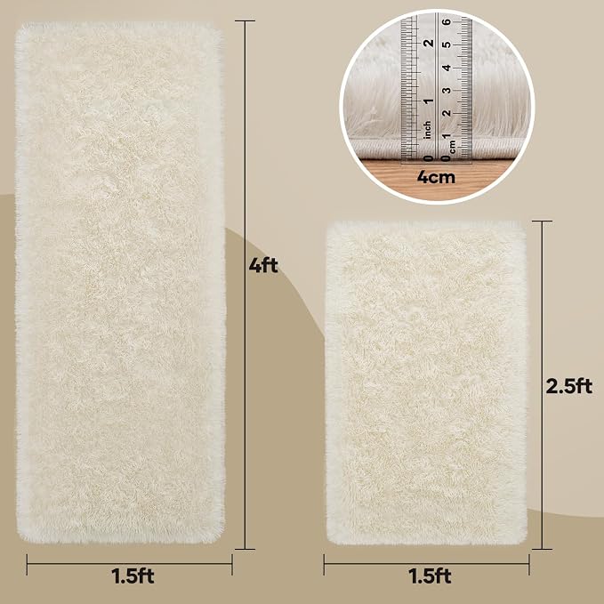Ophanie Small Rug Washable Non Slip Throw Bedside Area Rugs, Fluffy Soft Mini Bedroom Carpet, 1.5x2.5 and 1.5x4 Rug Set, 2 Piece Ivory