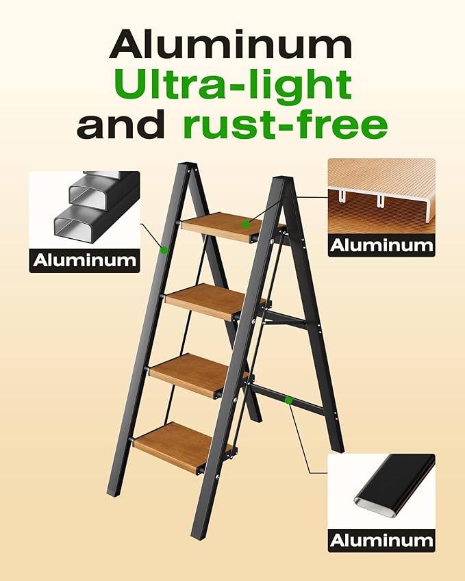 Taranta 4 Step Ladder,Aluminum Lightweight Folding 4 Step Stool with Anti-Slip Wide Pedal, 330lbs Capacity Step Ladder for Household,Kitchen,Office - BlackWoodgrain