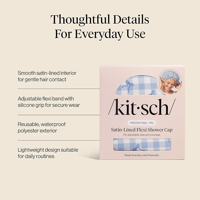 Kitsch Luxury Satin-Lined Flexi Shower Caps for Women Reusable Waterproof - Large Wide Shower Cap for Women & Men, Adjustable, Stylish Hair Cap for Showers, For Long & Short Hair - Gingham Blue