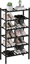 ROMGUAR CRAFT 6-Tier Bamboo Small Shoe Rack, Free Standing Wood Shoe Shelf Storage Organizer for Closet Entryway Stackable (Black)