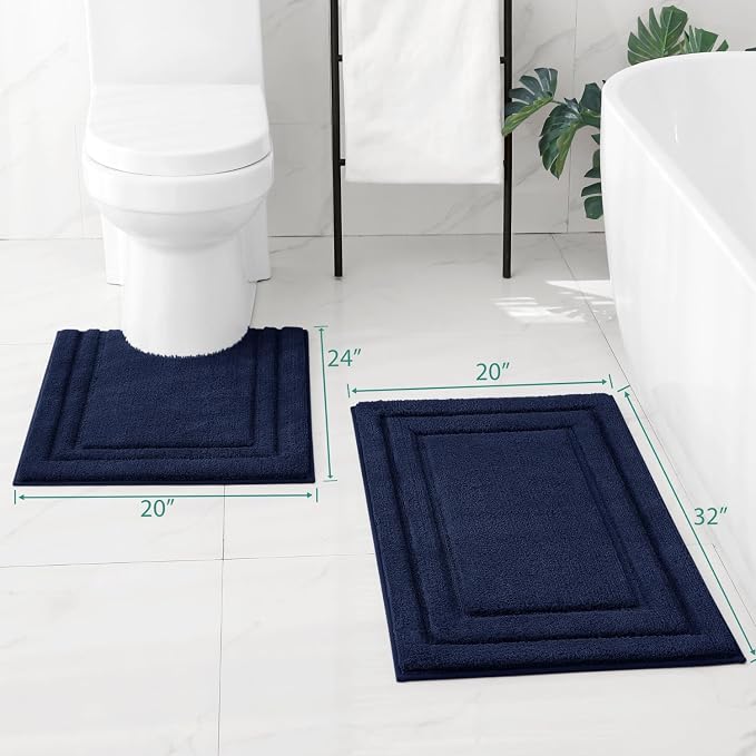 HOMEIDEAS Bathroom Rugs Sets 2 Piece, Super Soft and Absorbent Non Slip Microfiber U-Shaped Toilet Bath Mat Set (20"x32"+U20 x24, Navy Blue)