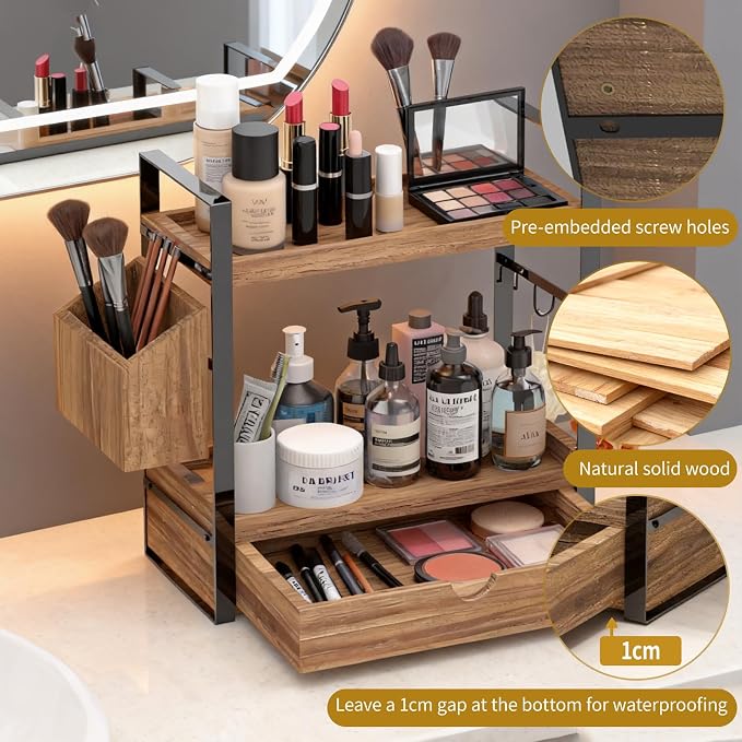 2-Tired Bathroom Counter Organizers and Storage, Bathroom Countertop Organizer with Drawer, Solid Wood Skincare Perfume Organizer for Vanity Kitchen Corner Shelf Office Countertop (Drak Brown)
