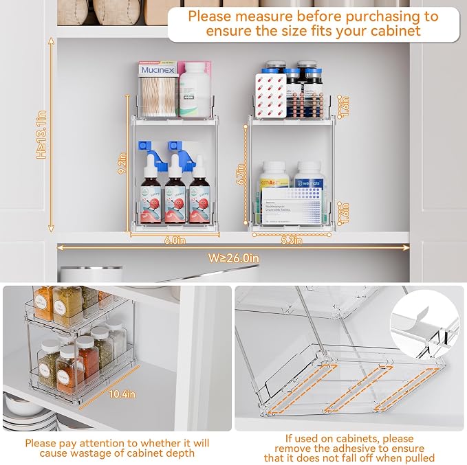 Yieach 2 Tier Pull Out Cabinet Organizer and Medicine Cabinet Storage for Supplement,Vitamin,Medication and Pill Bottle,10.4" Deep Pantry Organizers Drawer,Under Sink Organizer for Bathroom,Cupboard