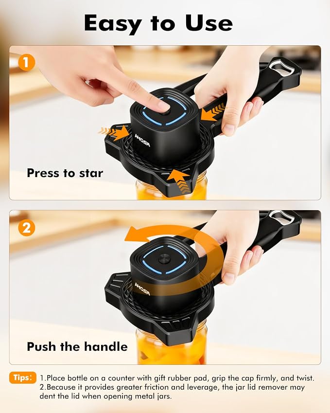 AMOSA Electric Jar Opener with Gripper Pad, Auto-Tighten & Manual Twist Jar Lid Opener, Lid Opener & Bottle Opener for Seniors, Arthritis Sufferers, Weak Hands