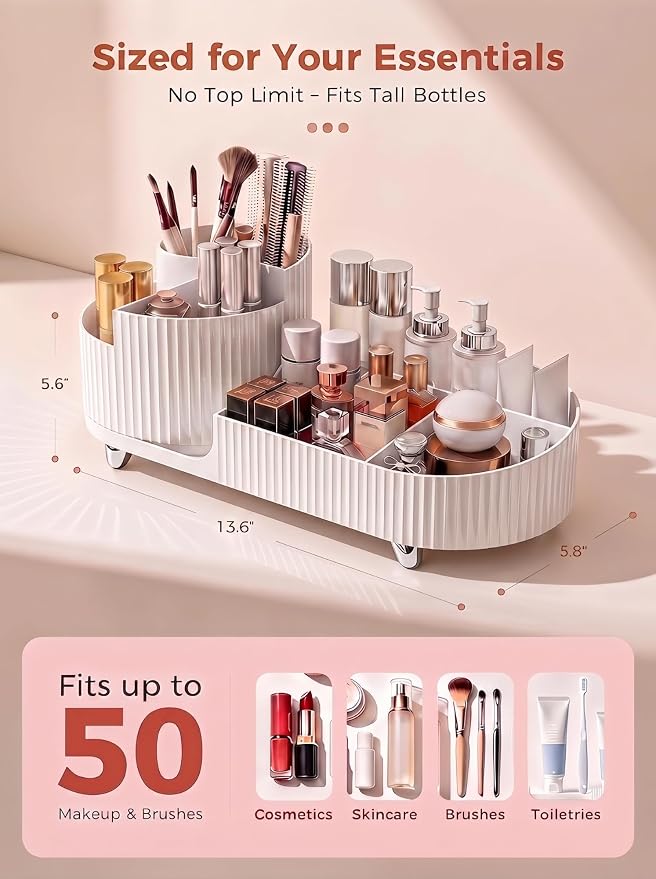 Booklov Rotating Makeup Caddy Organizer for Vanity, Large Capacity Cosmetic Display Case, Countertop Beauty Storage Holder for Skincare, Brush Eyeshadow Lipstick, Counter Desk Organization, White