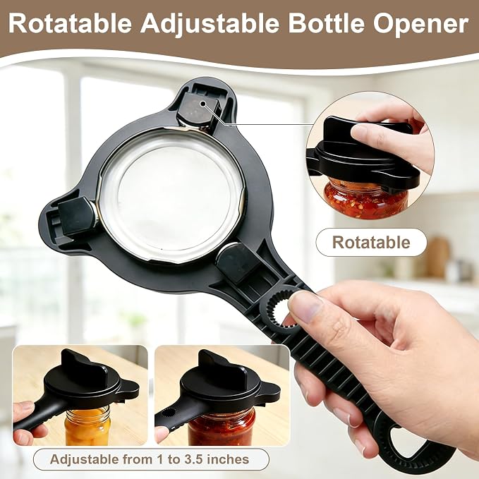 Multi-Functional 4-in-1 Jar Opener, Adjustable Stainless Steel Bottle Opener for Multi Size Jar Bottles with Ergonomic Non-Slip Handle Grip, Kitchen Helper for Seniors Weak Hands Arthritis