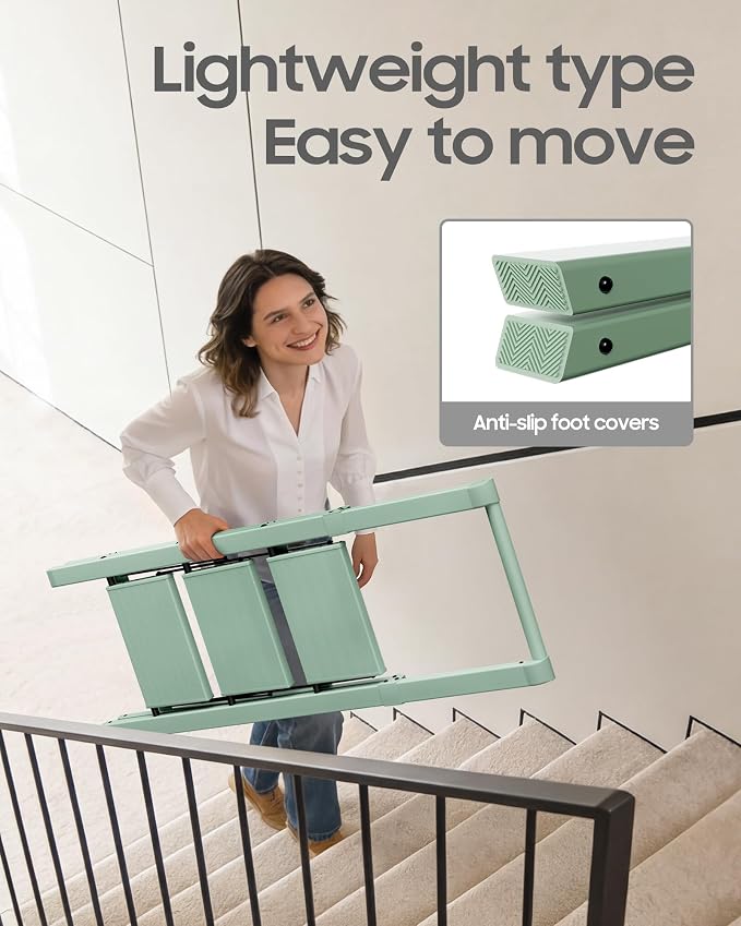 HillhutApex 3 Step Foldable Aluminum Step Ladder with Handgrip, Anti-Slip Pedal, 330 lbs Capacity, Lightweight & Portable for Home, Kitchen, Office, Garage (Pale Green)